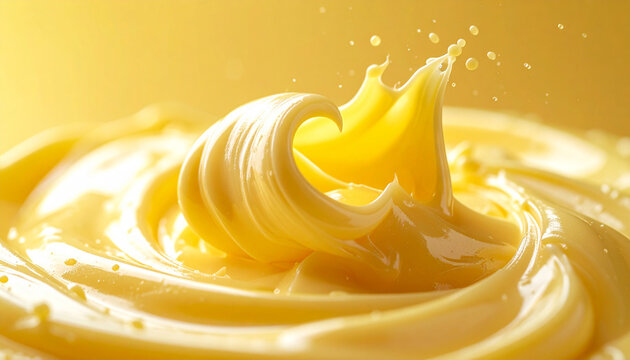 Abstrakte Studio-Makroaufnahme einer sauberen Butterlocke, die in cremige geschmolzene warmgelbe Butter eintaucht, flie&szlig;ende Welle, monochrome goldgelbe Farbpalette