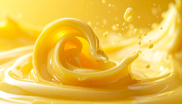 Abstrakte Studio-Makroaufnahme einer sauberen Butterlocke, die in cremige geschmolzene warmgelbe Butter eintaucht, flie&szlig;ende Welle, monochrome goldgelbe Farbpalette