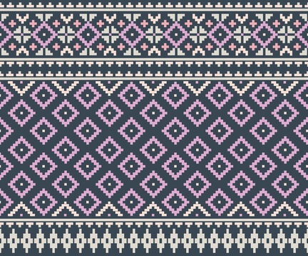 A seamless, multicolored geometric pattern featuring continuous horizontal arrangements; designed for backgrounds, decorative elements, fabrics, and apparel.