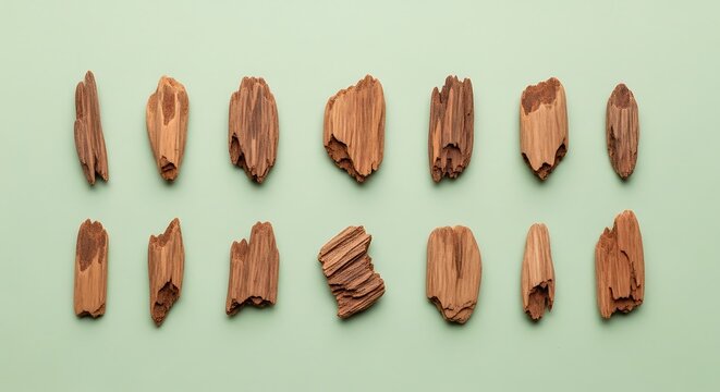 oud wood chips on sage background