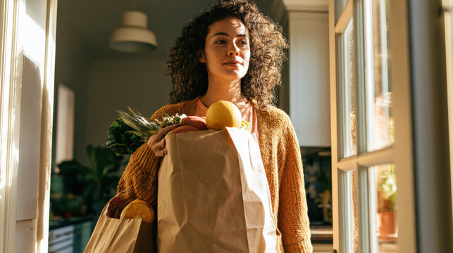 Sunlight bathes a woman holding grocery bags