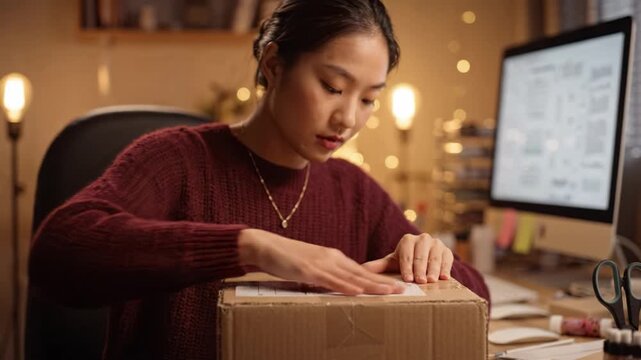 A woman meticulously prepares a package at her desk, showcasing attention to detail and care while ensuring her shipment is ready for delivery and handling.