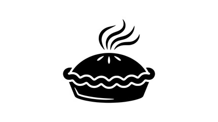 Black and white icon of a steaming pie with a decorative crust