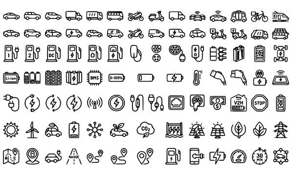 Electric vehicle infrastructure and transportation icons set linear style
