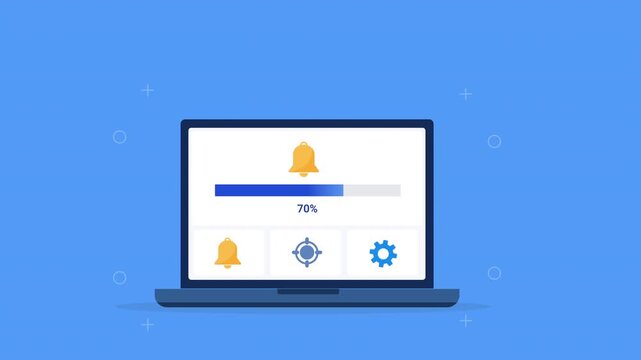Modern flat vector animation of a laptop displaying a notification dashboard with alert, settings, status indicator, and progress bar. Ideal for software, communication, and web technology projects.
