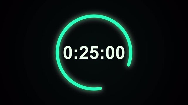 30 second countdown timer sequence with white number text glowing from 30 to 0 with a solid green circle element. Circle countdown timer 30 sec on black background 4K UHD