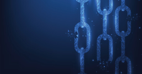 Glowing blockchain chain links shattering a broken connection or security failure against a dark blue futuristic background. Cyber security concept.  © Chor muang