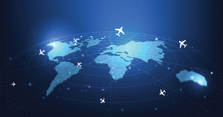 Airplane flies glowing 3D world map with interconnected travel routes. Represents global air travel, aviation logistics, and international connectivity in a digital tech style.   © Chor muang