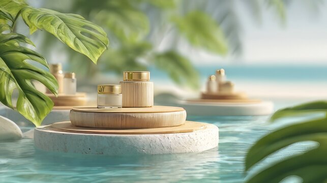 Modern stone and wood podium product displays, situated in a tranquil swimming pool surrounded by lush tropical palms. Multitiered concrete platform with inlaid nestled in crystalline surface. 
