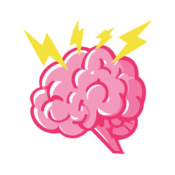 Pink brain with yellow lightning bolts vector illustration