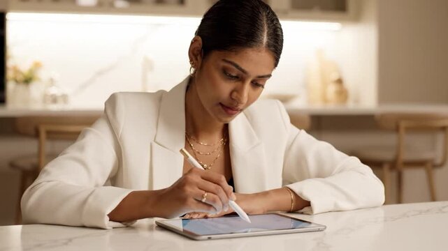 A focused woman engages in digital art creation using a stylus on a tablet, showcasing concentration and creativity in a modern kitchen environment.