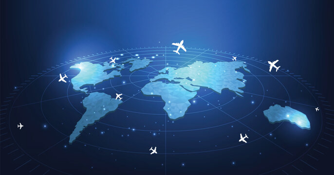 Airplane flies glowing 3D world map with interconnected travel routes. Represents global air travel, aviation logistics, and international connectivity in a digital tech style.	

