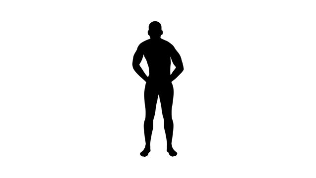 Naked man covering himself with his hands, black isolated vector silhouette