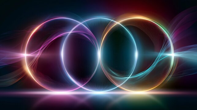 Futuristic glowing neon circles with wave light effects on dark background showing abstract technology and energy concept