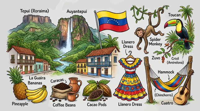 Vibrant Cartoon Vector Illustration showcasing diverse Venezuelan culture and nature elements: Tepui mountains, waterfall, flag, traditional houses, tropical fruits, coffee, cacao, animals, Llanero