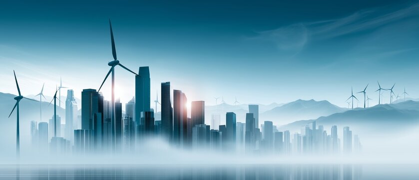 Futuristic city skyline with modern skyscrapers surrounded by fog and numerous wind turbines generating renewable energy in mountainous landscape