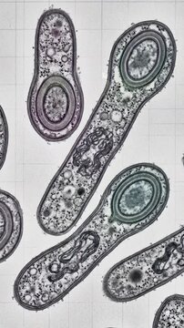 Pathogenic microbe portray: Tetanus bacterium, spore develop, cellular detail, rod shape, internal structure, toxin produce, disease cause, infection agent, microscopic form, bacillus cell.