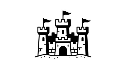 Fototapeta premium Black and White Medieval Castle Icon with Flags on White Background
