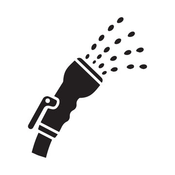 Black and white garden hose nozzle spraying water silhouette vector graphic illustration.