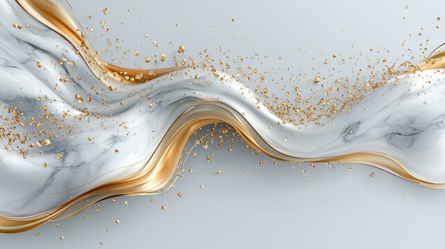 Abstract flowing white marble texture with elegant smooth gold wave and scattered sparkling golden particles on light background
