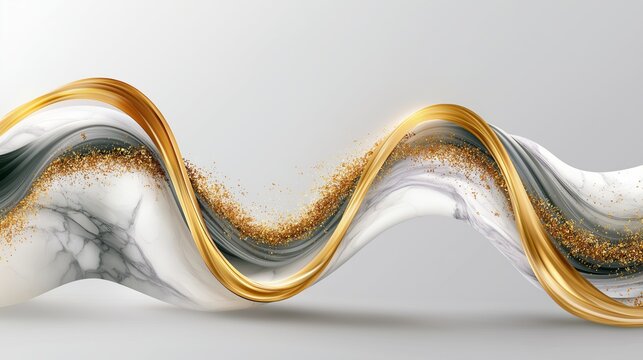 Elegant flowing abstract wave with golden ribbons and marble texture enhanced with luxurious gold dust particles in modern design style