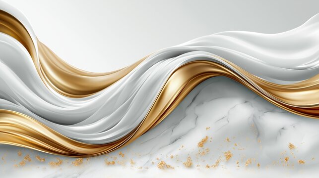 Luxury 3D white and gold flowing abstract silk fabric waves with elegant marble background and gold dust texture design