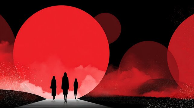 Red full moon rising behind silhouetted trees with dark foreground and warm glow
