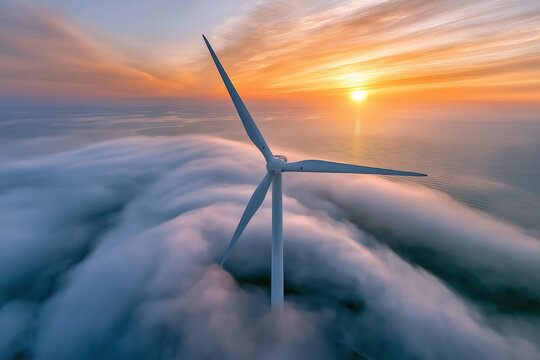 Aerial view of a single offshore wind turbine surrounded by dense fog over the ocean during a vivid colorful sunset