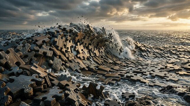 A Spectacular Conceptual Surreal Digital Art of a Massive Tidal Wave Formed by Thousands of Wooden Jigsaw Puzzle Pieces in the Ocean under a Dramatic Sunset Sky