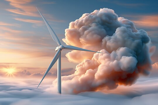 Wind turbine towering above dense clouds at sunset with dramatic colorful sky symbolizing renewable energy and environmental sustainability concept