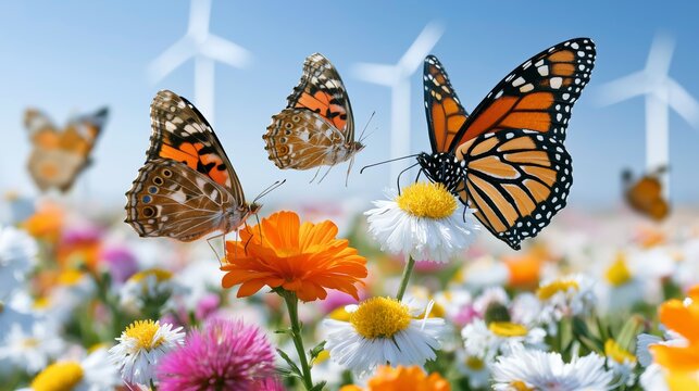 Close-up of colorful butterflies feeding on vibrant wildflowers in a sunny meadow with wind turbines in the background on a clear blue sky day