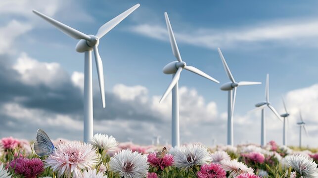 Eco friendly renewable energy wind turbines generating clean power in a colorful blooming flower meadow with butterflies under blue sky