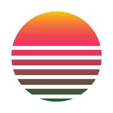 Retro Striped Sunset Icon &ndash; 1980s Synthwave Style Vector Illustration