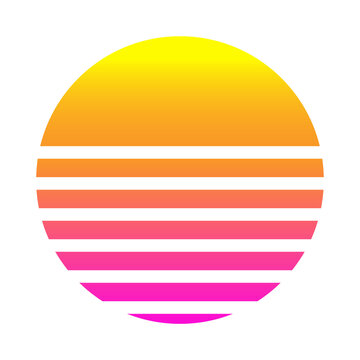 Retro Striped Sunset Icon in 1980s Synthwave Style Vector Illustration