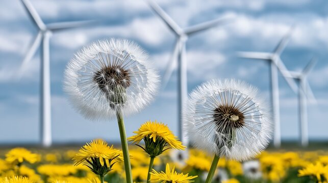 Close-up of dandelion flowers with wind turbines in the background on a bright sunny day symbolizing green energy and nature coexistence