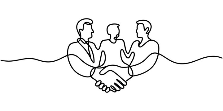Black line of three people shaking hands in a row line black line handshake business partnership agreement 
continuous one line drawing in white background

