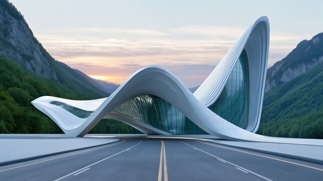 Futuristic modern white architectural structure with wavy design and glass facade located on road surrounded by green hills at sunset