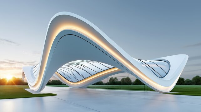 Futuristic modern architectural design with flowing curves and illuminated accents captured at sunset in an open green park environment