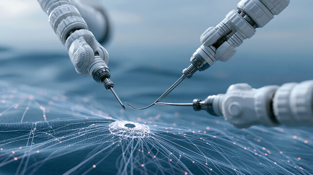 robotic surgery machine with mechanical arms performing precision medical procedure on patient in modern clinical hospital operating room setting