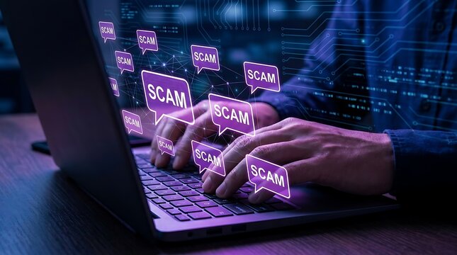 Cybersecurity Protection Concept With Scam Warning Messages Representing Phishing Attacks and Online Fraud Risks