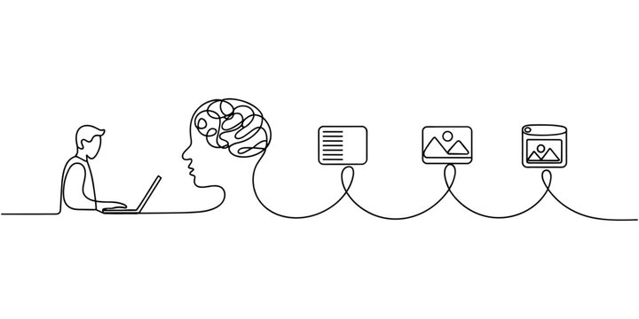 Line of a man using a laptop with a brain and three connected digital line man digital document camera 
continuous one line drawing in white background

