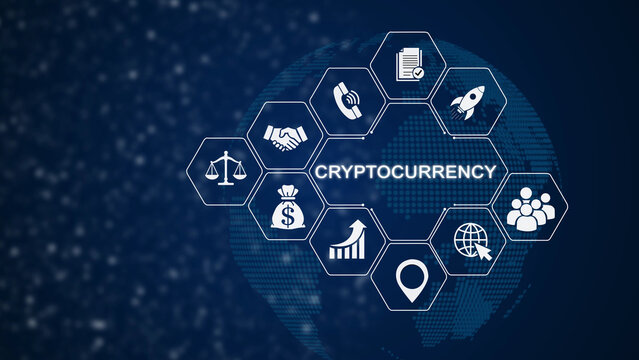 Blue digital cryptocurrency network with bitcoin, ethereum, litecoin, ripple, and other crypto symbols on dark background