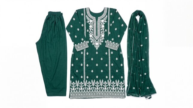 Traditional dark green salwar kameez with white embroidery, three piece ethnic pakistani suit, embroidered cotton kurti with trousers and dupatta