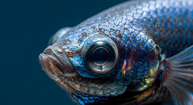 Extreme macro close-up of a blue Siamese fighting fish (Betta splendens) showing detailed iridescent scales and the intricate structure of the eye on a dark teal background.