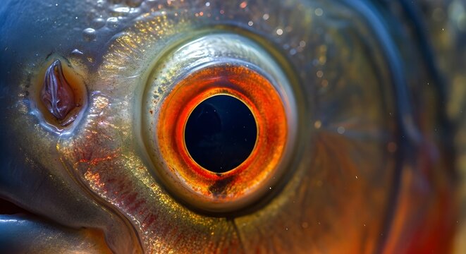 Extreme macro close-up of a predatory fish eye featuring a vibrant orange iris, dark circular pupil, iridescent golden scales, and skin textures in sharp focus underwater.