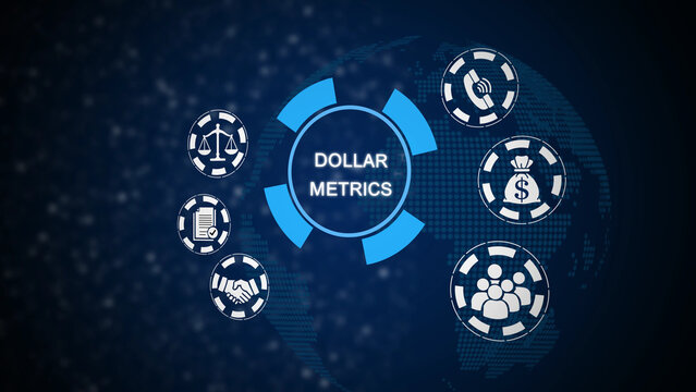 Blue gradient background, with dollar sign, and financial metrics, currency symbols, and, dollar metrics text