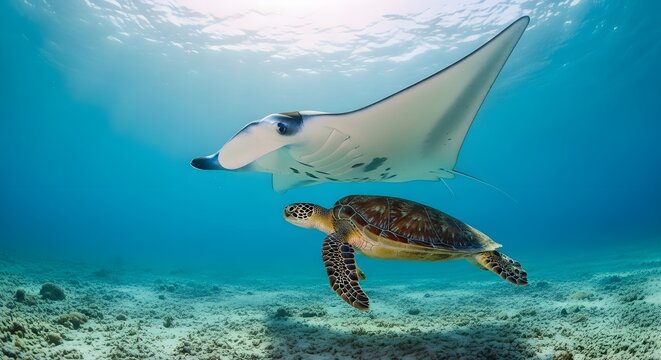 Giant manta ray and green sea turtle swimming together in clear blue tropical ocean water over a sandy seabed with bright sunlight filtering through the surface ripples.