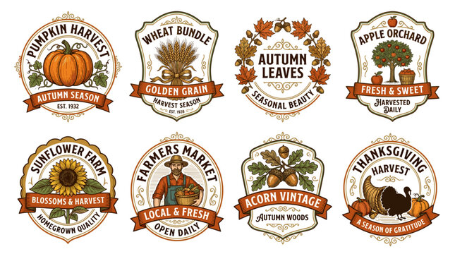 Vintage autumn and Thanksgiving themed labels and badges with rustic charm