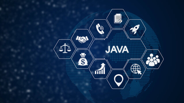 Blue hexagonal network with java programming and technology symbols, digital concept digital technology