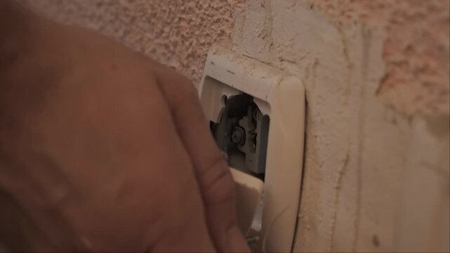 Close up of electrical outlet installation Electrician carefully tightening screws during final stage of wiring and socket mounting in apartment renovation
